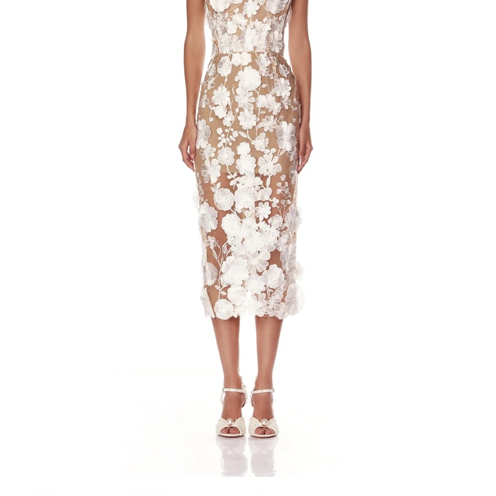 Bronx and Banco White Strapless Bodycon Dress with Gold Floral Patterns